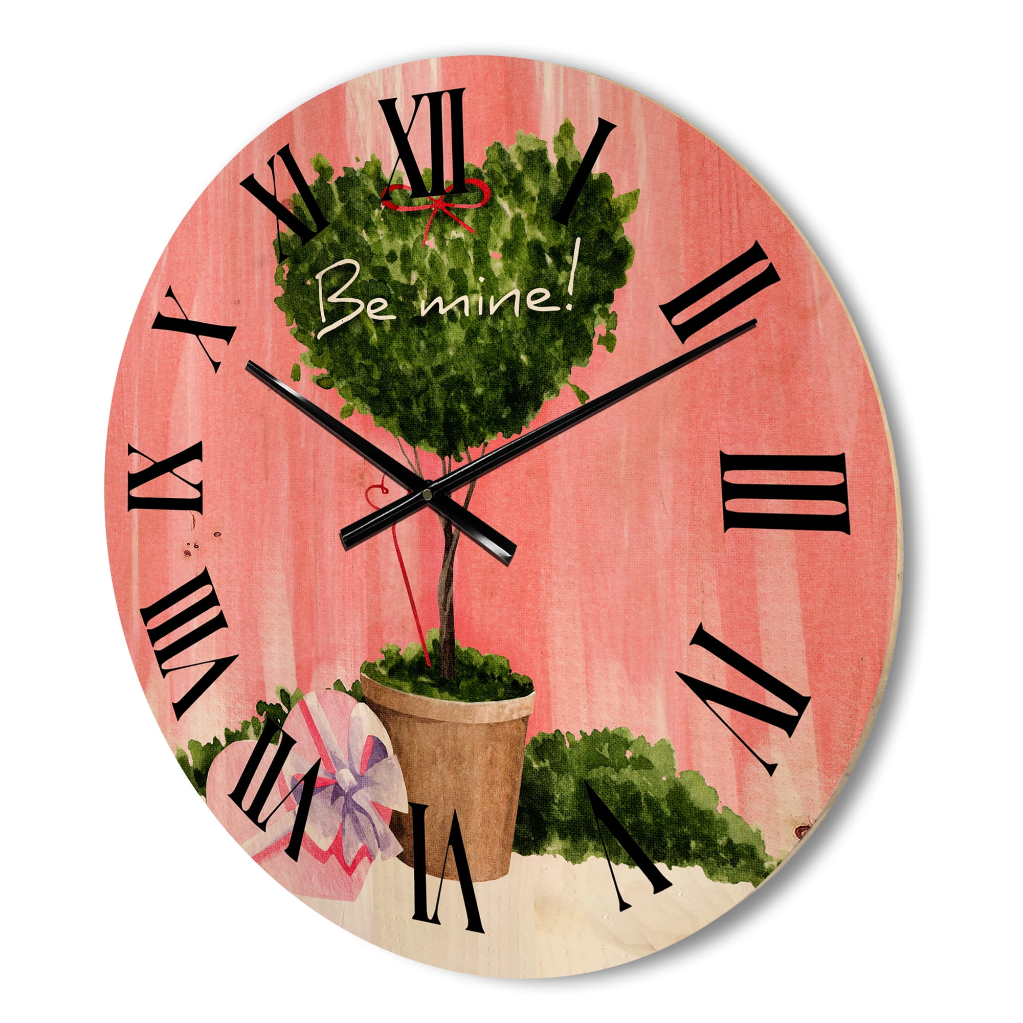 Designart 'Be Mine Heart Shaped Valentine House Plant' Farmhouse Wood Wall Clock