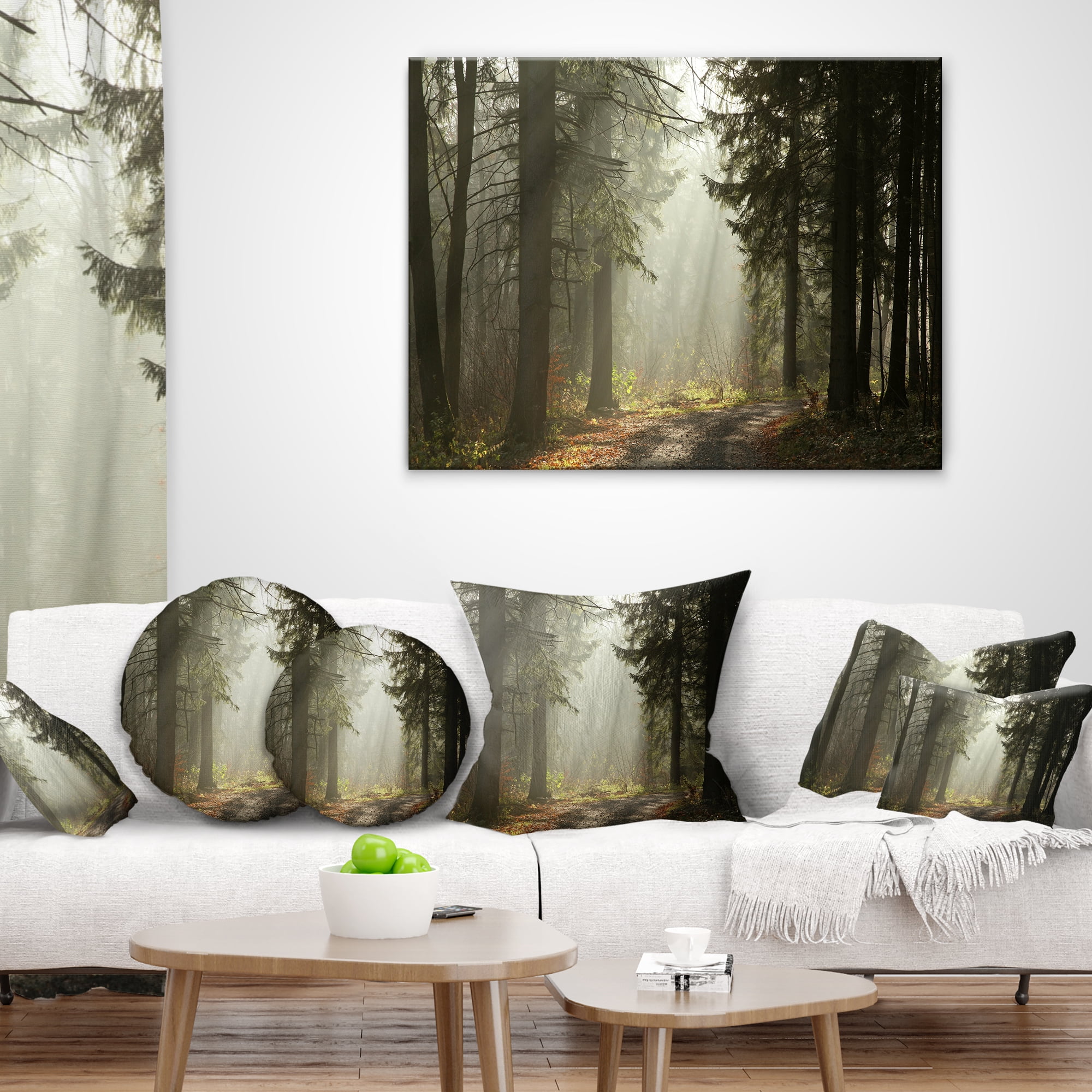 Designart Dark Green Forest with Sun Rays - Landscape Photography Throw Pillow - 18x18