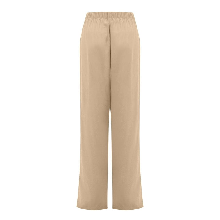 KIHOUT Pants For Women Deals Elastic Waist Casual Pure Color Straight Leg  Cotton Linen Cropped Pocket Trousers