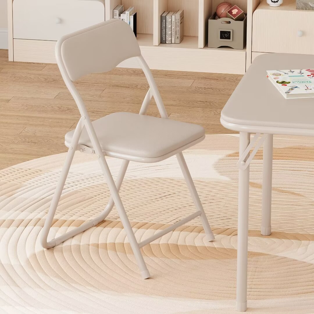 Kids Folding Table and Chairs Set of 3, Portable Table and Chair with PU Cushion, Suitable for Reading Playing Eating, Beige