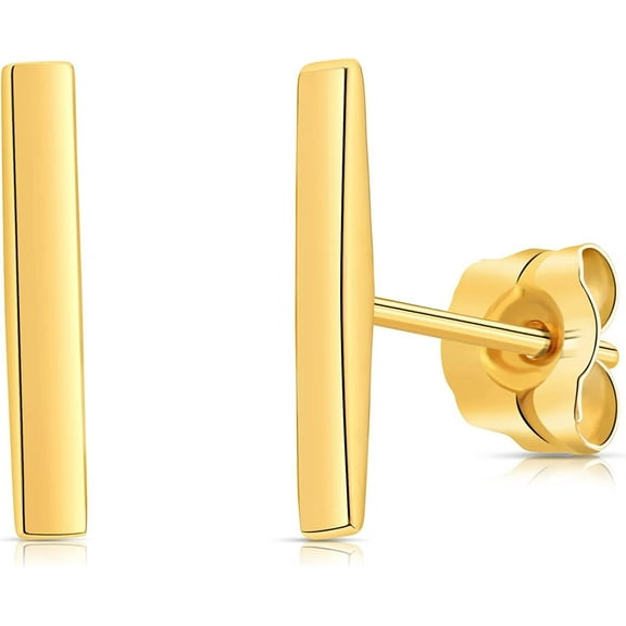 14k Thin Solid Yellow Gold Polished Bar Dainty Stud Earrings for Women
