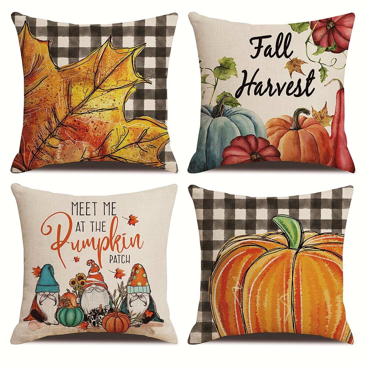 Thanksgiving Throw Pillow Covers Fall Pumpkin Farmhouse Decorative Autumn Square Pillowcase Linen Cushion Case for Home Decor Set of 4  18x18 Inches