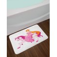 thumbnail image 2 of Pony Bath Mat, Cartoon Sitting on a Horse with Pinkish Mane Tale Scene, Plush Bathroom Decor Mat with Non Slip Backing, 29.5" X 17.5", Marigold Pink and White, by Ambesonne, 2 of 2
