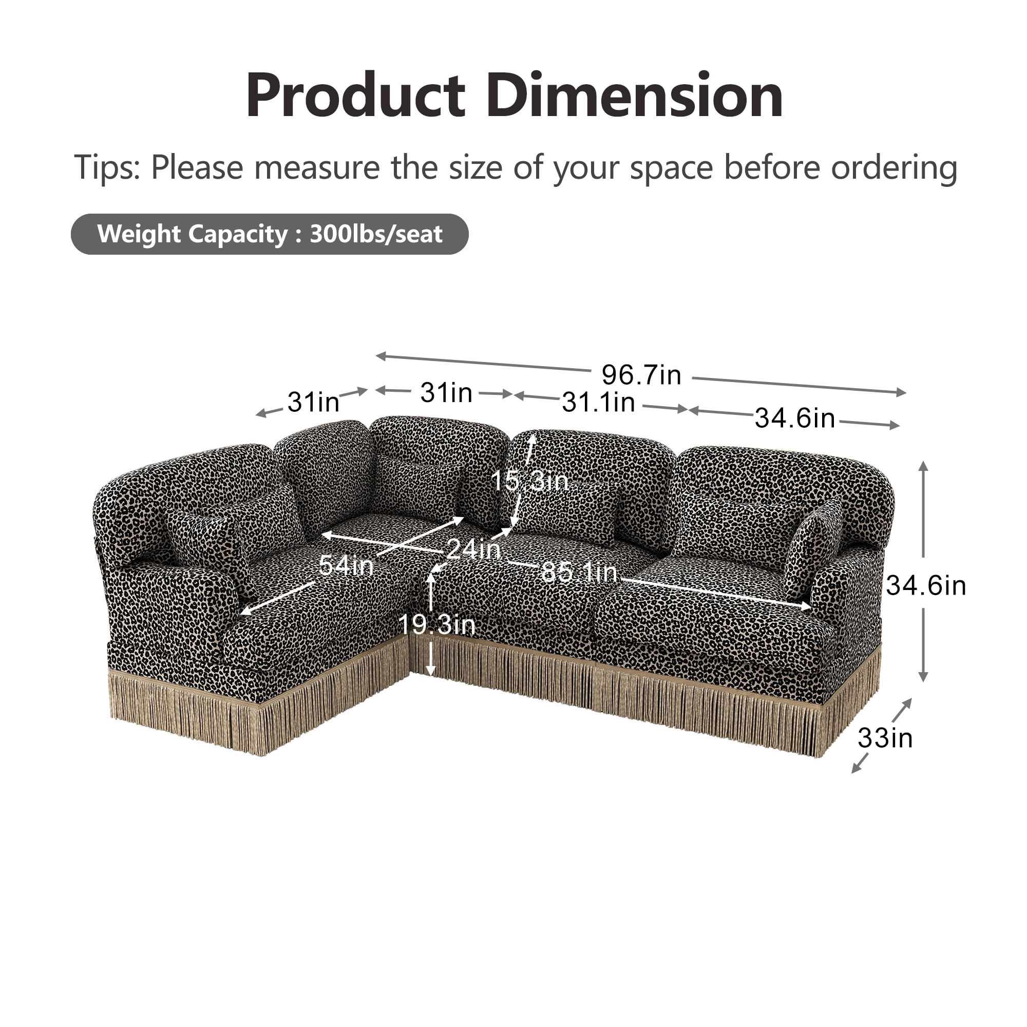 97" L Shaped Leopard Chenille 4 Seater Corner Sofa Couches with 2 Throw Pillows and 4 Lumbar Pillows
