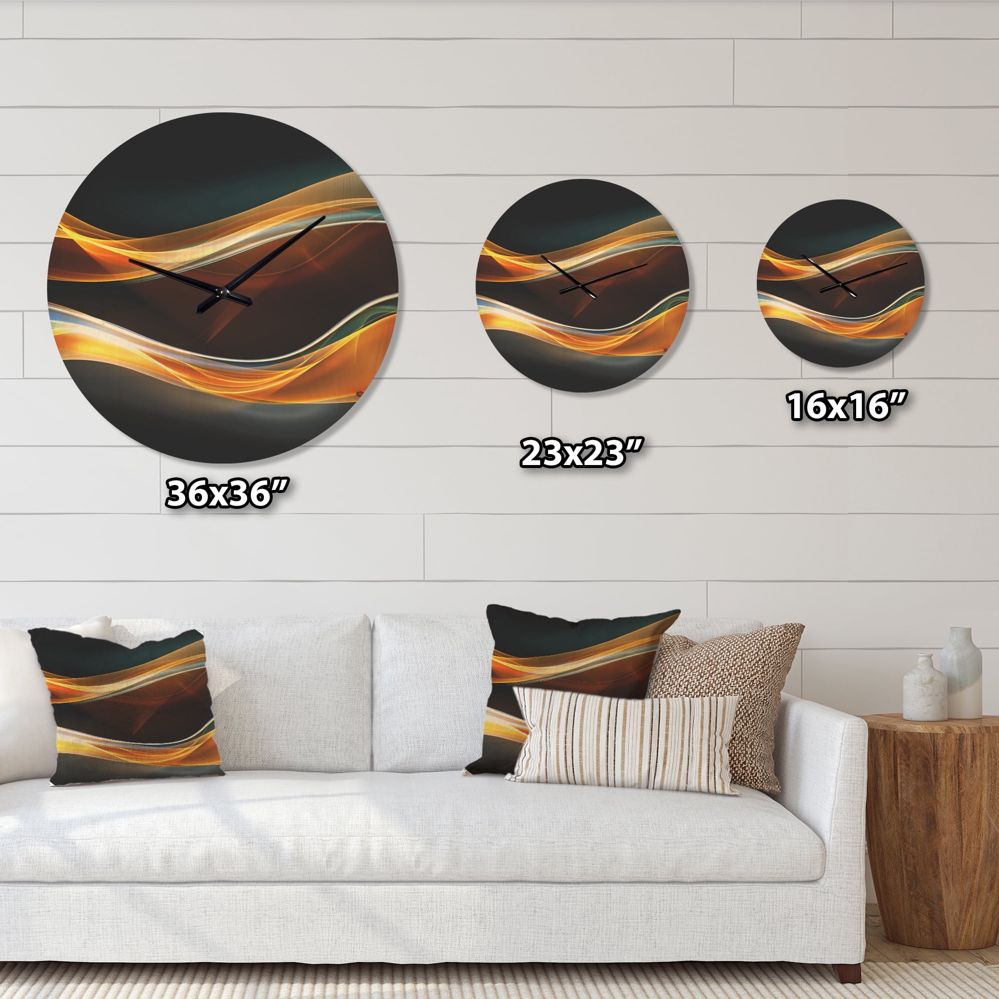 Designart 'Fractal 3D Gold Waves in Black' Modern Wood Wall Clock