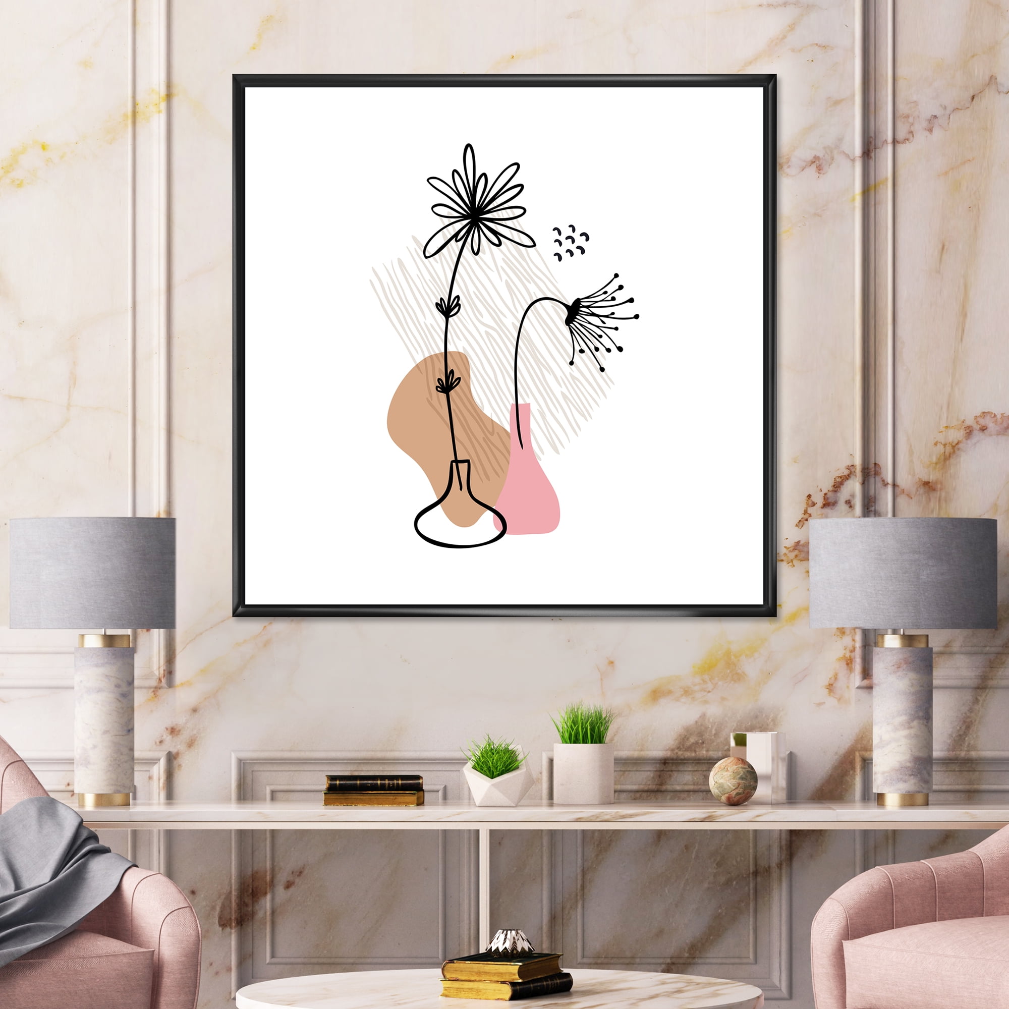 Designart 'Abstract Minimal Shapes Under Flowers III' Modern Framed Canvas Wall Art Print