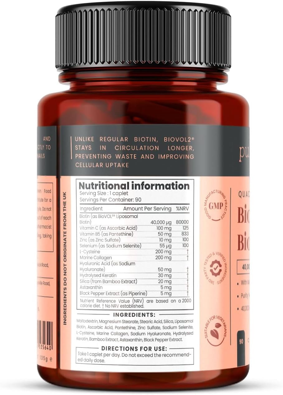 Pureclinica 400% Strength Biotin 40,000mcg – BioVOL²® Liposomal Biotin Complex with Marine Collagen, Keratin, Vitamin C & Hyaluronic Acid – 90 Caplets (3-Month Supply)