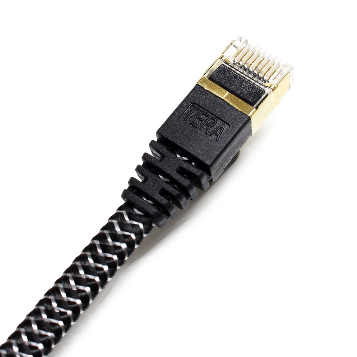 Tera Grand - CAT7 10 Gigabit Ethernet Ultra Flat Patch Cable Modem Router LAN Playstation Xbox - Built with Gold Plated, Shielded RJ45 Connectors Nylon Braided Jacket, 6 Ft Black and White