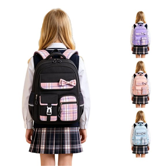 FYDUU Backpack for Girls Back to School Bookbag Kids Cute Schoolbags with Bowknot Plaid Casual Backpacks Elementary School Bookbags