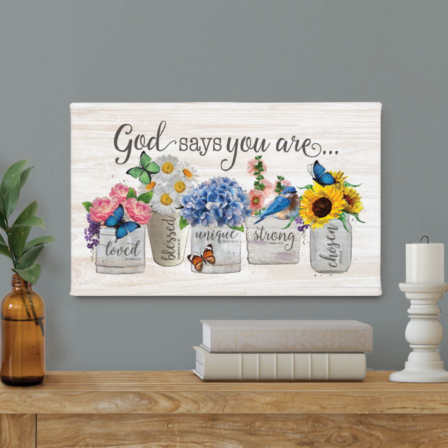Personalized Planet God Says You Are White Floral Canvas Print | Spiritual Wall Art for Kitchen, Office, Hallway or Family Room | Ready to Hang | 10x16