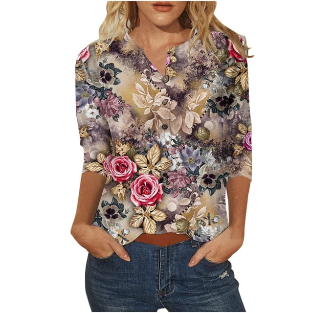 Birdeem Blouse Mode Femme Manches Trois-Quarts Col en V Imprimé de Pâques Ample