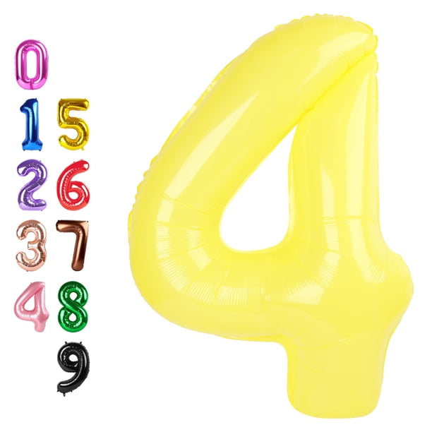 Globo numérico amarillo con el número 4 grabado para fiesta de cuarto cumpleaños