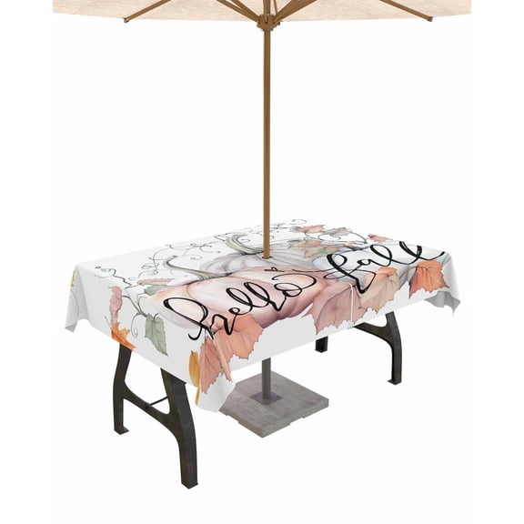 Fsddascl Hello Fall Outdoor Tablecloth - 54x80 Inch Rectangle Dining Table Cover, Pumpkins Thanksgiving Maple Leaf Waterproof Outdoor Table Cloth with Umbrella Hole & Zipper for Picnic/Patio/Party