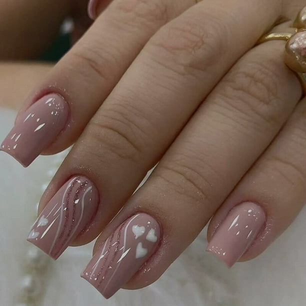 24 Uds uñas postizas cubierta completa uñas postizas elegante rosa degradado brillo francés uñas cortas ataúd uñas postizas cortas prensa en las uñas Tan Jianjun unisex