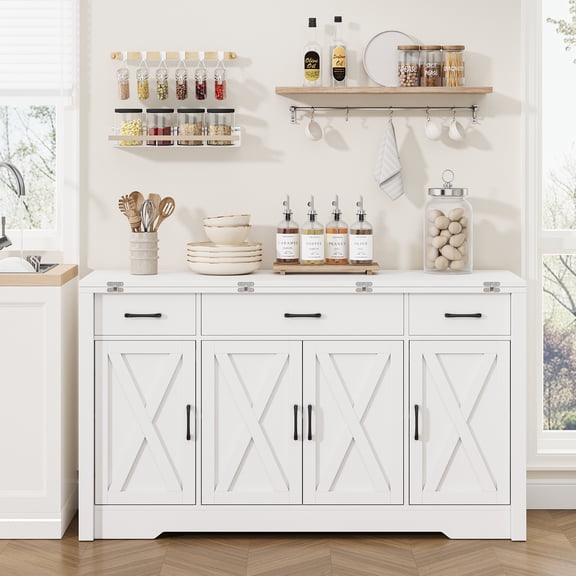 Rustic White 55-Inch Expandable Buffet Dining Table, Kitchen Sideboard Cabinet with 3 Drawers and Adjustable Shelves, Freestanding Space-Saving Storage for Small Spaces, Living Room & Dining Room Use