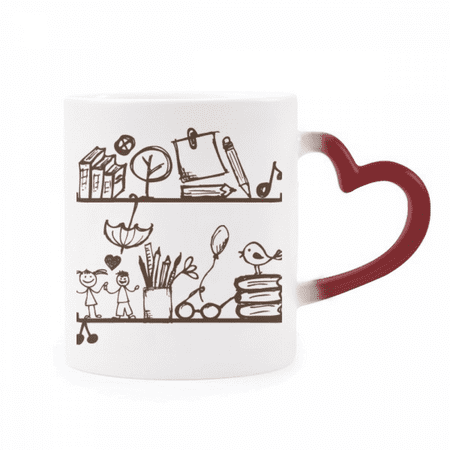 

Children Cute Illustration Bookshelf College Heat Sensitive Mug Red Color Changing Stoneware Cup