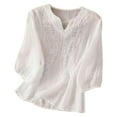 thumbnail image 2 of HAJWOH Linen Tops for Women Embroidered 3/4 Length Sleeve Bohemian Blouses Casual V-Neck Tunics Summer Loose Clothes White M, 2 of 4