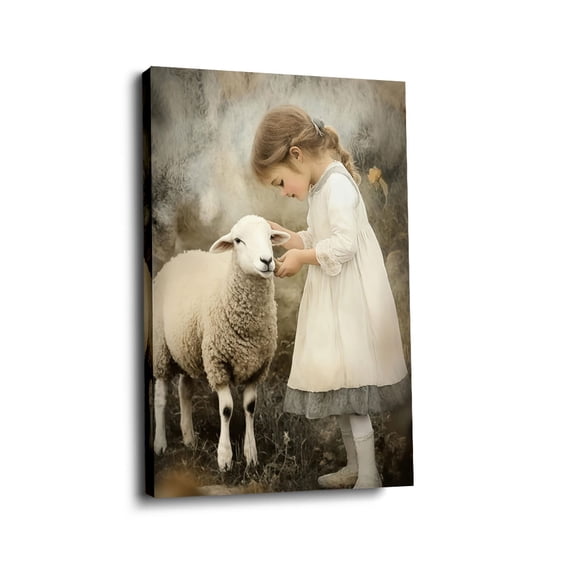 “Girl & Lamb Pasture” Warm Canvas Wall Art Ready to Hang for Living Room and Bedroom