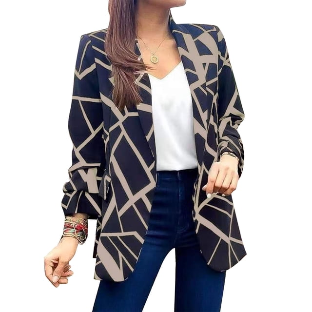 Chaqueta de traje estampada para mujer, frente abierto, manga larga, cuello vuelto, chaquetas de oficina con estampado de moda ajustadas, color caqui L