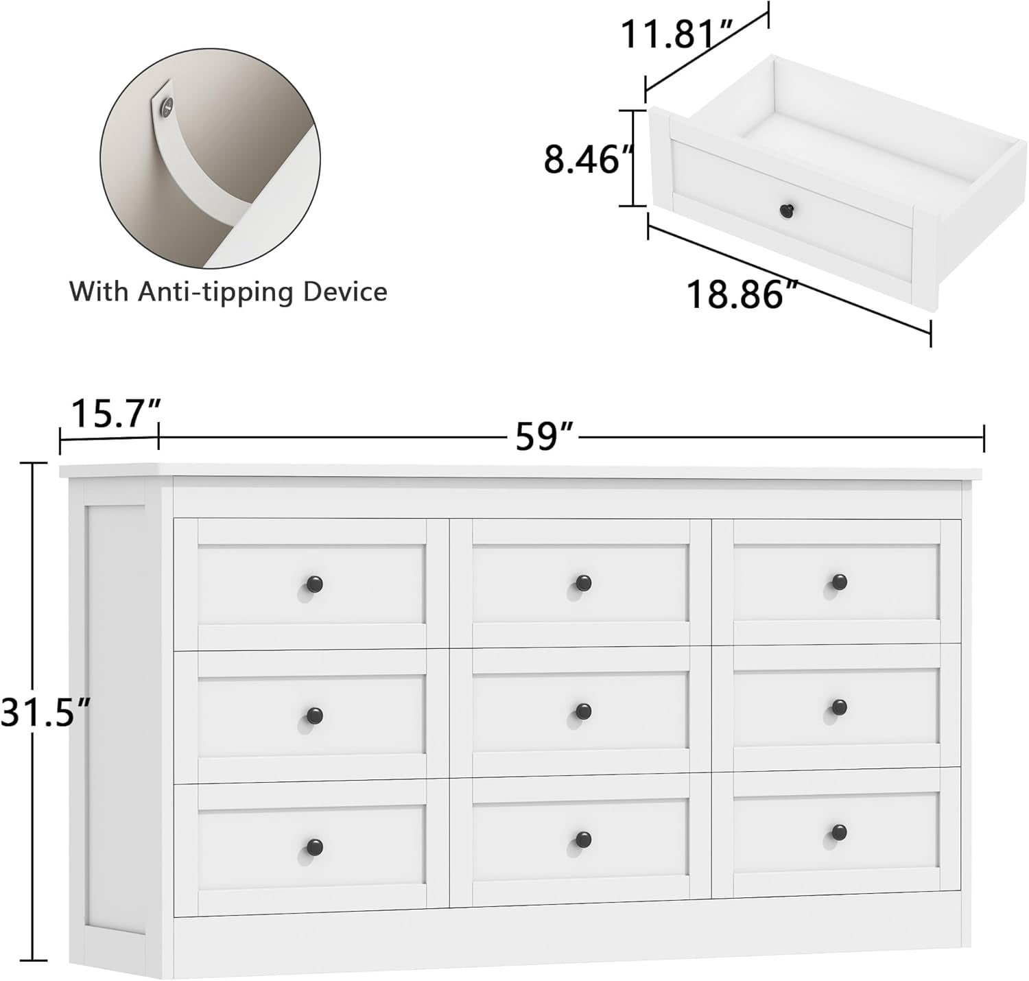Akaber 9 Drawer Dresser for Bedroom, White Modern 59''W Wood Dresser with Anti-Tip Kit, Storage Organizer