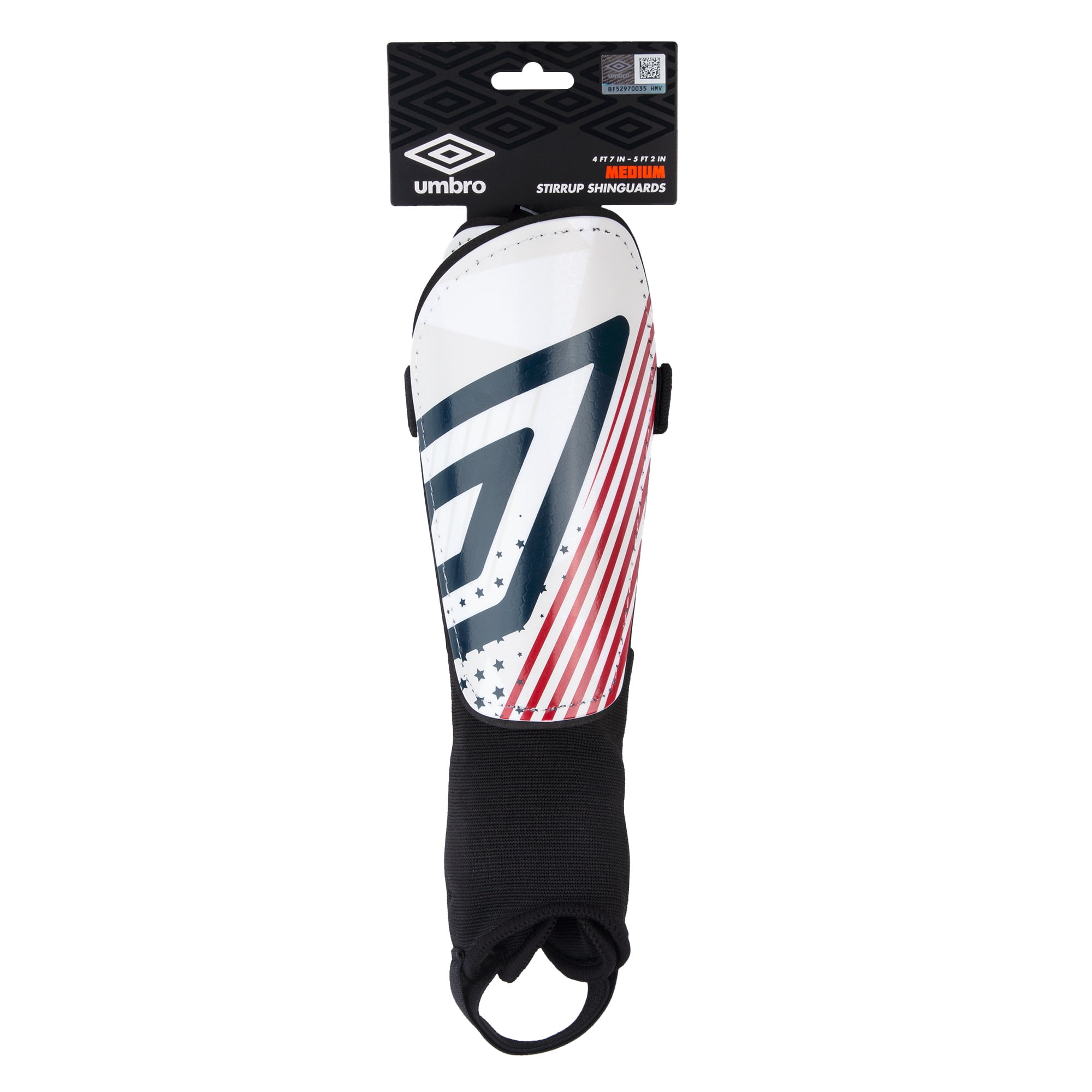 Umbro Americana Medium Stirrup Soccer Shin Guards for Kids - Red, White & Blue