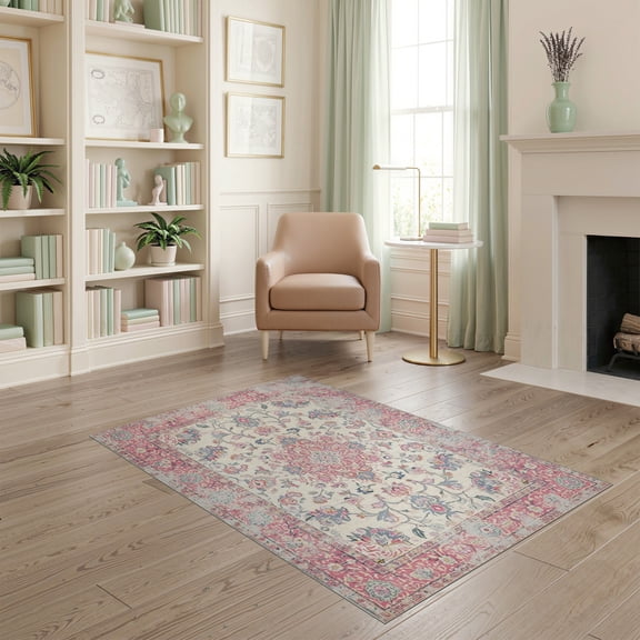 ODIKA Vintage Floral Medallion With Distressed Scroll Border And Botanical Sprays for Home Office, Gaming Room, Under Desk, Non-Slip Chair-Friendly
