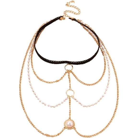 Alloy Plastic Pearl Sexy Elastic Multilayer Tassel Leg Chain Thigh Body Chain for Women Girls Golden 316mm