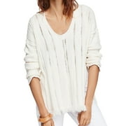 Free People Womens Distressed Pullover Sweater, Off-White, Medium