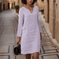 thumbnail image 2 of Kcodviy Robe Portefeuille Simple Décontractée d'Automne pour Femmes, Robe d'Été à Col en V pour Femmes, Robe Maxi Élégante Décontractée, Robe Midi Longue à Rayures de Couleur Unie Confortable, Manches avec Poche, Robe Décontractée, 2 of 8