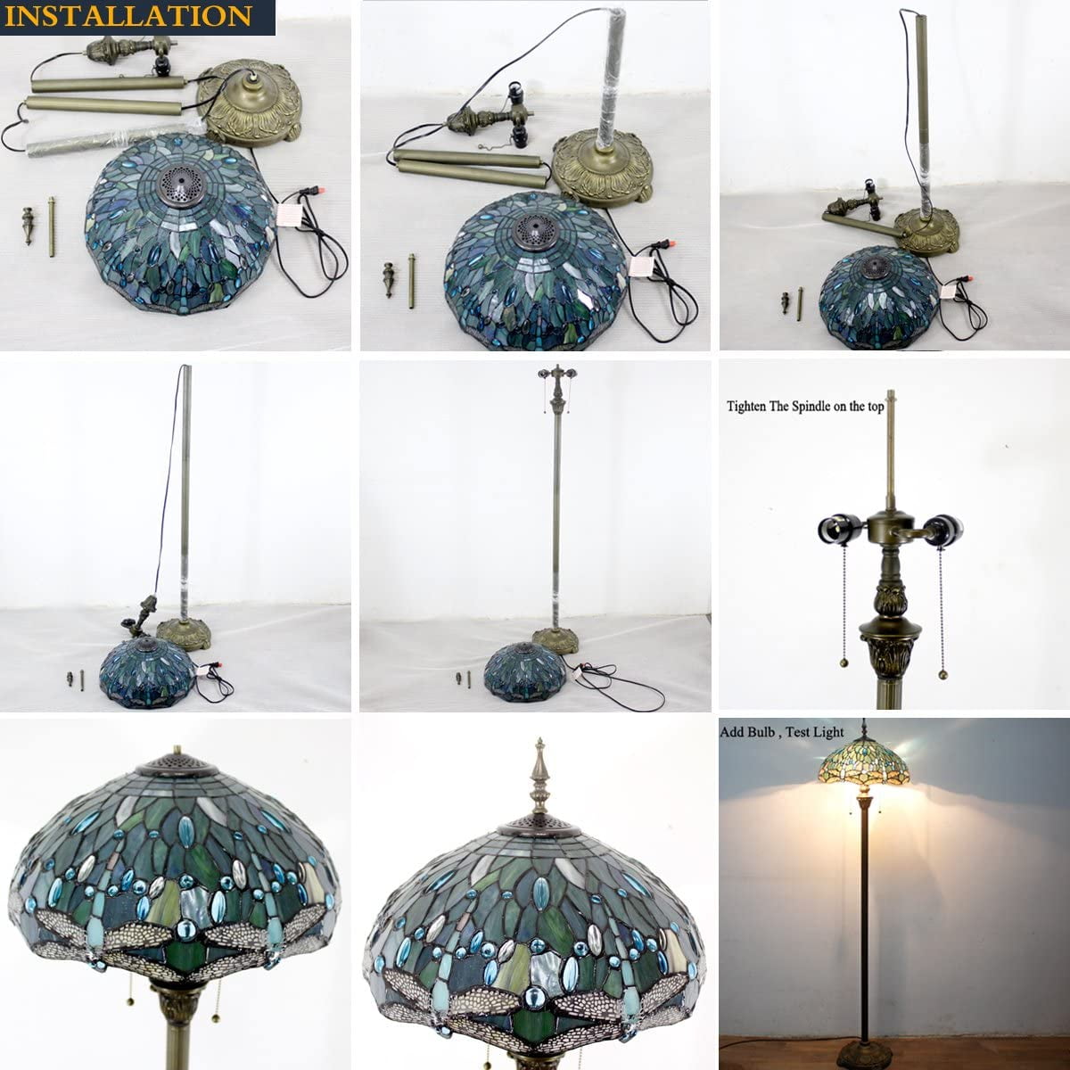 WERFACTORY Tiffany 64” 2-Light Art Nouveau Green Stained Glass Floor Lamp with Wisteria Shade
