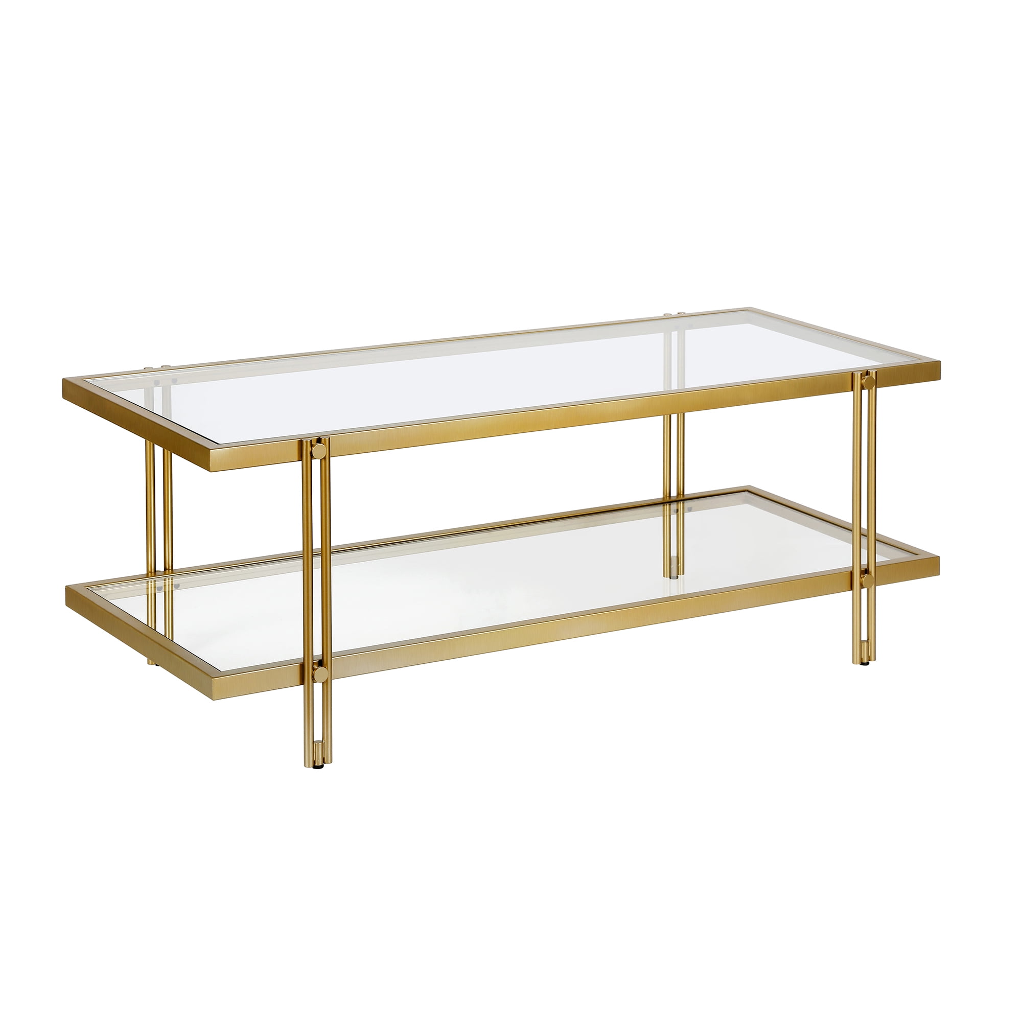 Modern Brass Finish Rectangular Coffee Table with Glass Storage Shelf
