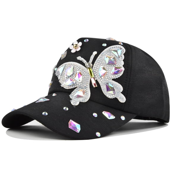 Women Casual Denim Retro Butterfly Point Drill Baseball Cap Fashion Sequin Baseball Cap Ajustable Peaked Cap Outdoor Sports Couple Hats Adjustable Curved Brim Hats Sun