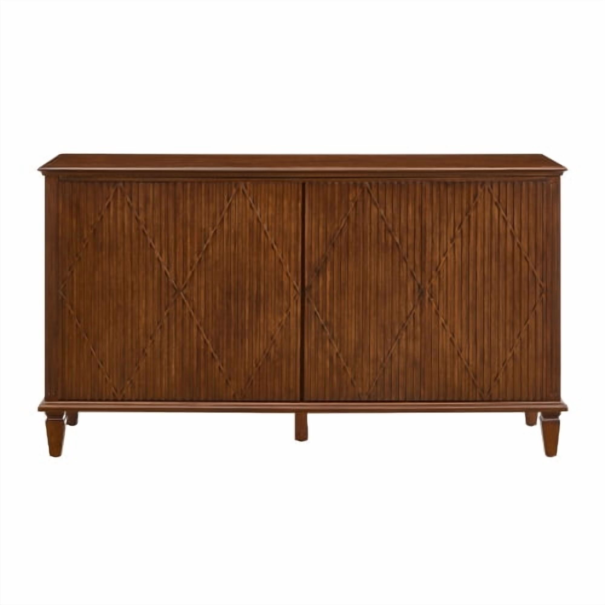 58" Mid Century Modern TV Stand with Carved Geometric Doors, Wood Storage Cabinet, 4-Door Media Console Sideboard for Living Room, Dining Room, Entryway, Walnut