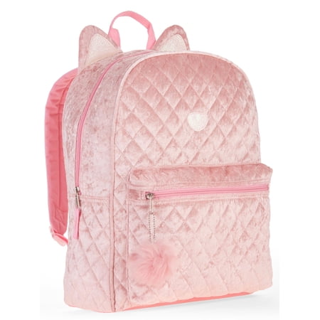 Girls Kitten Quilted Velvet Backpack 16" Pink Cat Pom Pom ...
