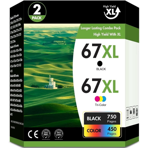 67XL Ink Cartridge 2 Pack Black Tri-Color Compatible for HP 67 67XL Ink DeskJet 2742e ENVY 6458e Printer