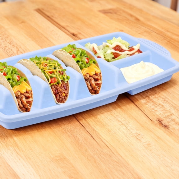 Fkszll Silicone Taco Plate Holder Reusable 3 Divider 2 Dip Bowl Microwave Dishwasher Safe Heavy Duty Non Slip for Hard Soft Shell Set of 3