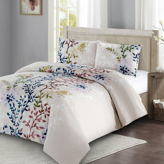 Alpha Textile LLC Style Quarters Dahlia Lane 3pc Duvet Cover Set Multi Floral Stems with White Leafy Silhouettes 100%Cotton Machine Washable Queen