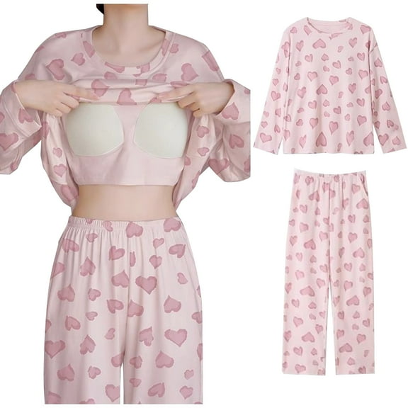 Tnhcen Women's Pjs Set with Breast Inserts Long Sleeve Lovely Nightwear Comfy Pajamas Home Clothes ​ M-3XL