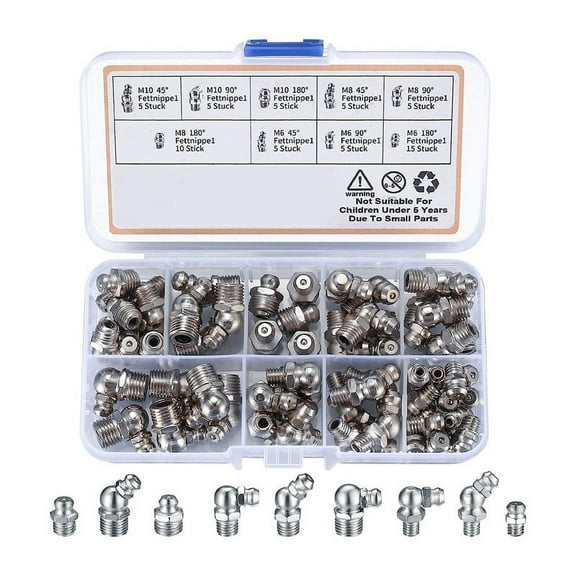 60Pcs Metric Grease Fittings Kit, M6 M8 M10 45 90 Degree Hydraulic Zerk Assortment for Angled Mechanical