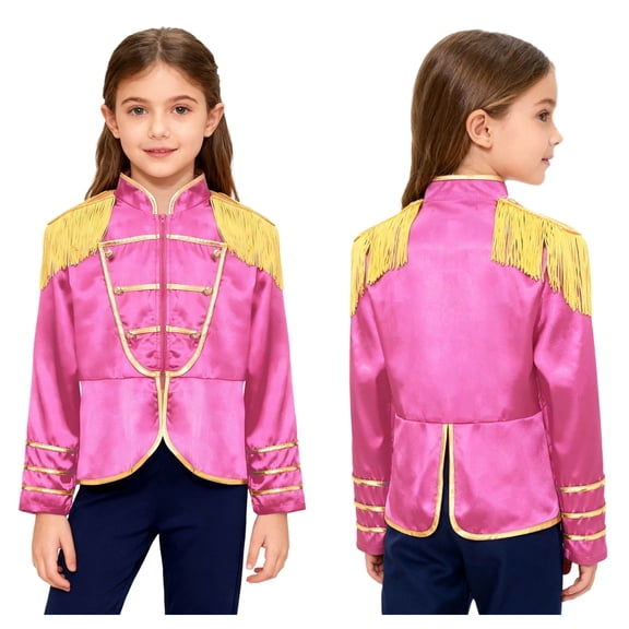 Aislor Girls Royal Guard Drummer Marching Band Long Sleeve Fringe Tassel Epaulets Outwear Jacket Coat Hot Pink 12