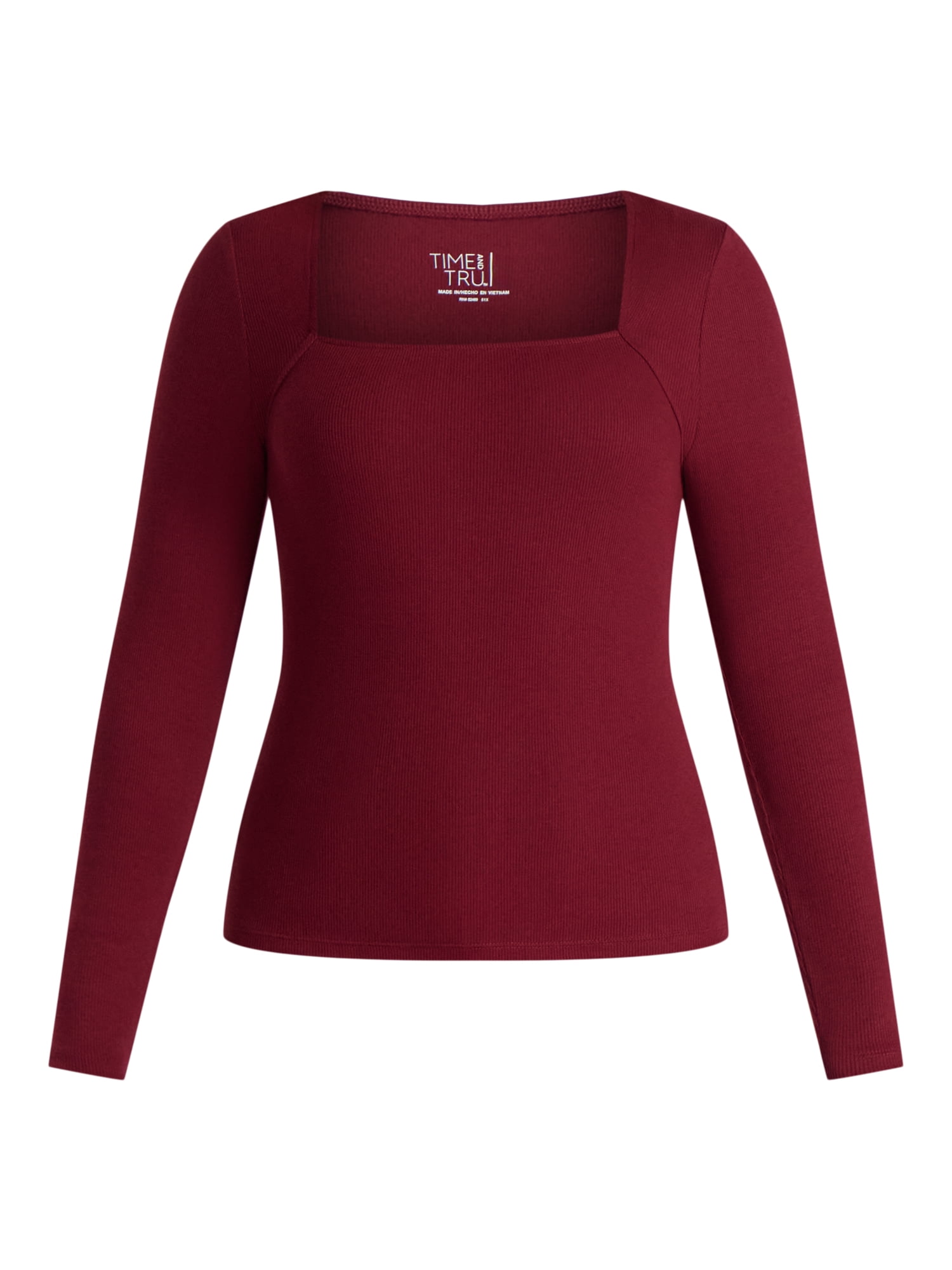 Time and Tru Women's Ribbed Square Neck Top with Long Sleeves, Size XS-XXXL