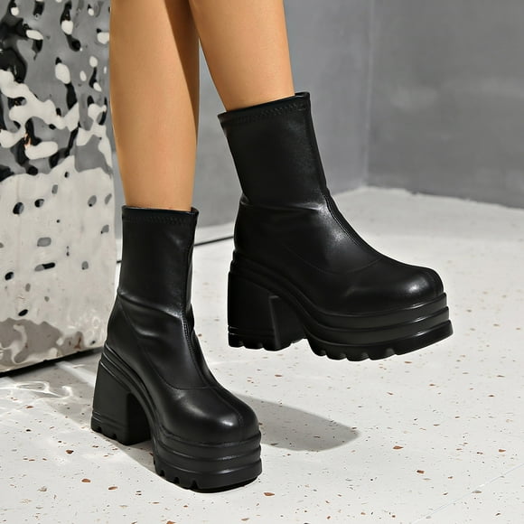 LSLJS Women's High Ankle Boots Chunky Heel Round Toe Ankle Boots, Women's Mid-Calf Boots, Gift for Women
