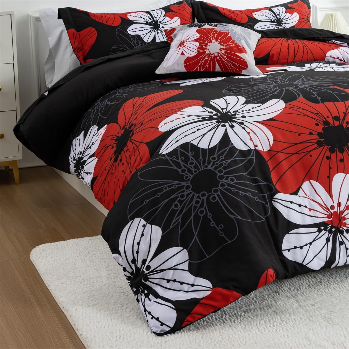 NTBED Floral Comforter Set King 6 PCS Bed in a Bag Red Flowers Printed on Black Botanical Bedding Sets Boho