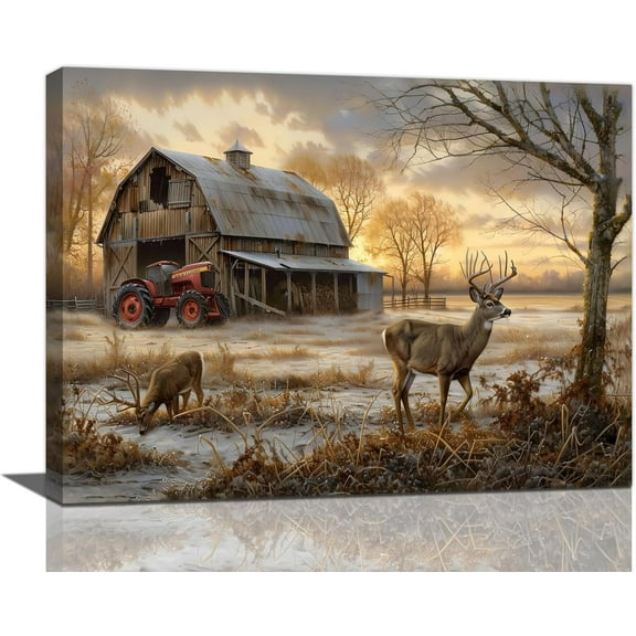 Farmhouse Wall Art Farm Deer Pictures Wall Decor Rustic Old Barn Canvas Prints Country Landscape Painting Framed Modern Home Artwork Decoration for Bedroom Kitchen Living Room