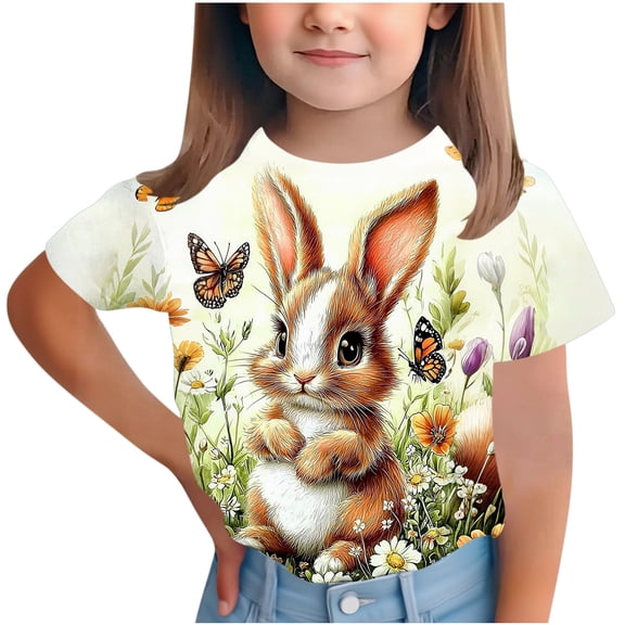 Auroural Girls Shirts Size 12-14 Children's Easter Short Sleeved Printed T-Shirt Rabbit Printed Tops Round Neck Short Sleeved Casual Versatile for Kids