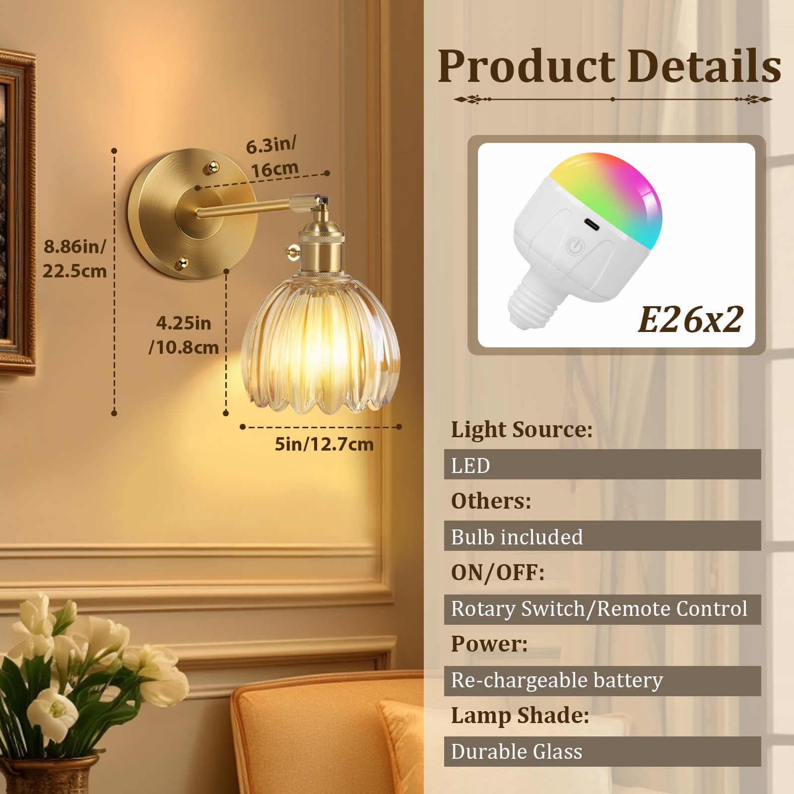 DONGPAI 2 Pack Vintage Battery Operated Wall Sconce with Amber Tulip Glass Lampshade Wireless Rechargeable Wall Light with Remote Control for Bedside Bedroom Doorway