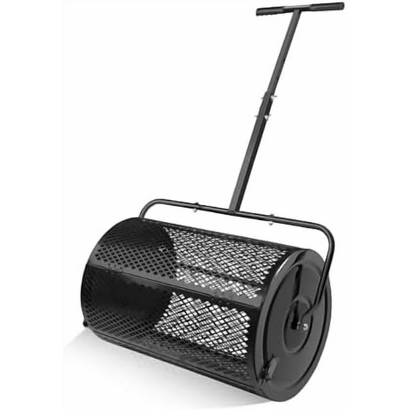 24 Inch Compost Spreader & Peat Moss Spreader - Roller Lawn Spreader - Top Soil, Manure, Mulch, Top Dressing Spreader - Lawn and Garden Spreader - Metal Mesh Basket Compost Spreader for Lawn