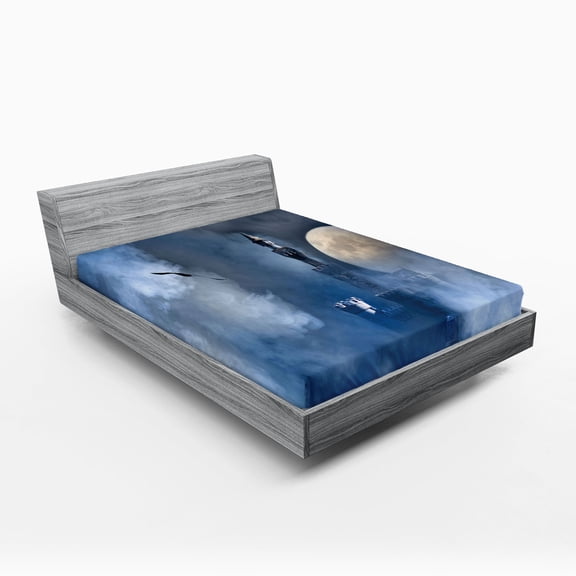 Ambesonne Fantasy Fitted Sheet, Castle on Clouds Gothic, Full Size, Dark Blue