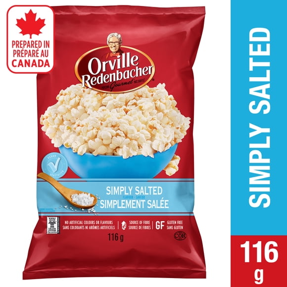 Orville Redenbacher Simply Salted Popcorn, Prepared in Canada, Gluten Free, Source of Fibre, No Artificial Colours or Flavours, Vegan, 116g