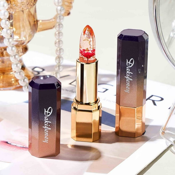 Lápiz labial que cambia de color con brillo labial de gelatina de cristal con infusión de flores - Bálsamo labial hidratante reactivo a la temperatura de larga duración con flores secas reales